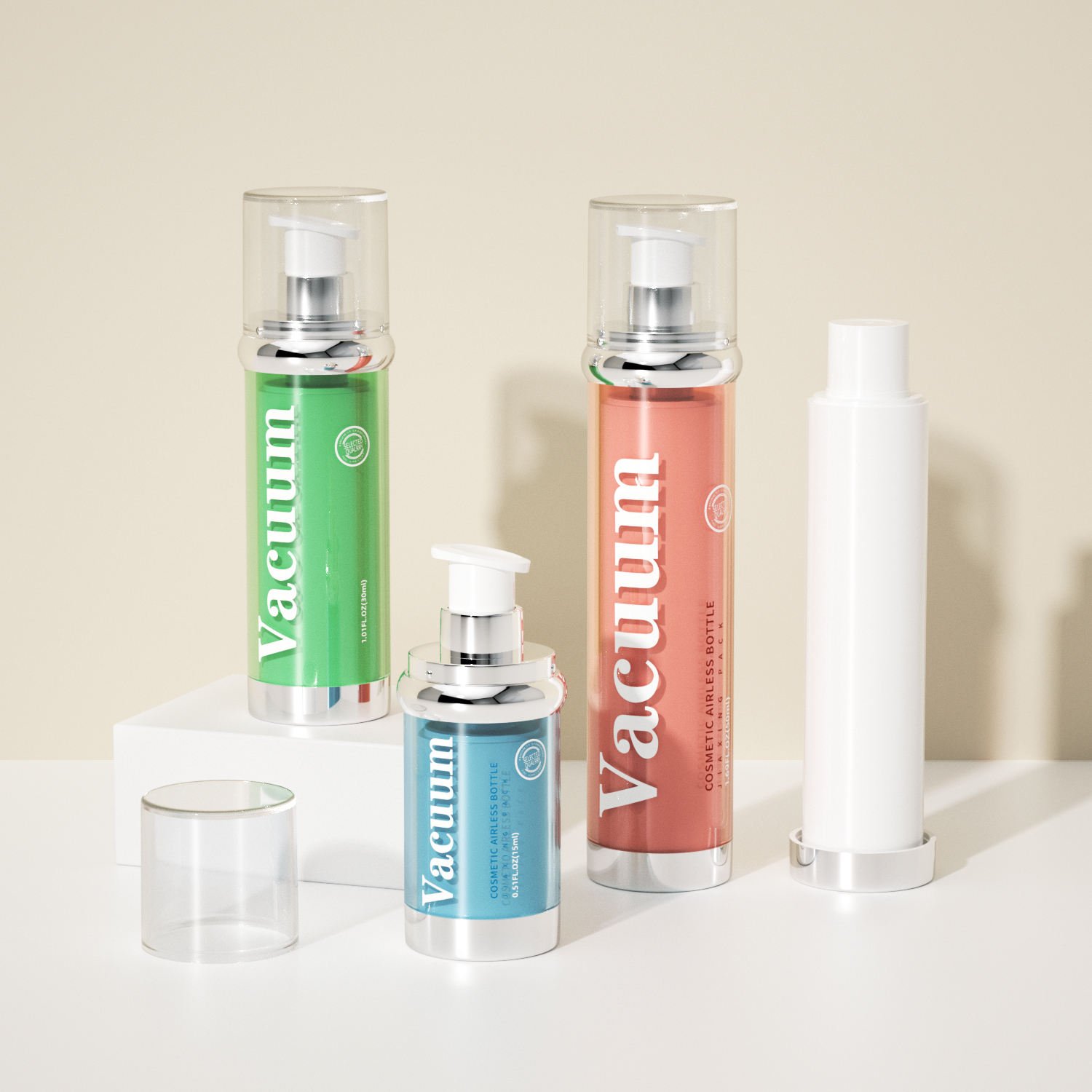Transparent airless bottle highlighting internal piston mechanics for serum packaging bottles