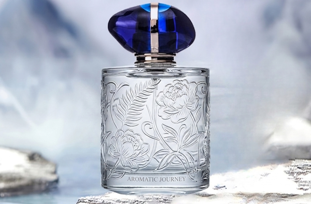 Embossed and structurally engraved luxury fragrance glass bottle