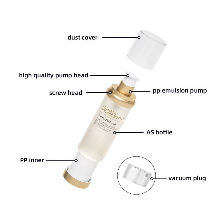 Comparison diagram illustrating a standard bottle versus an airless pump bottle piston mechanism