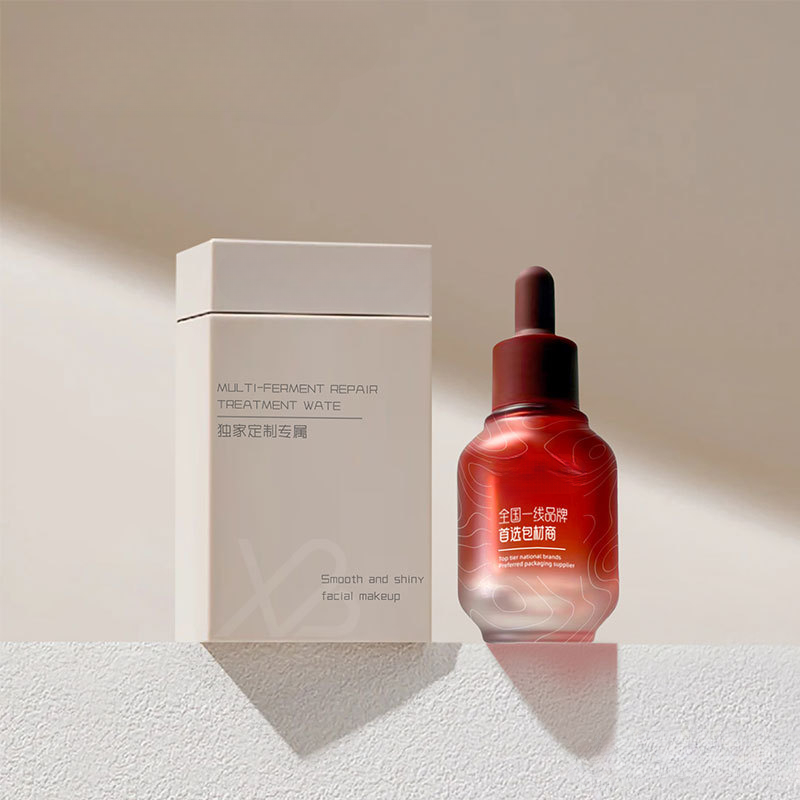Facial serum in custom glass dropper bottle packaging