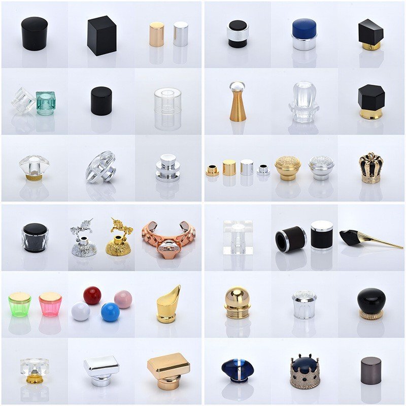 Metallic, wood, and glossy cap pairings for luxury fragrance packaging