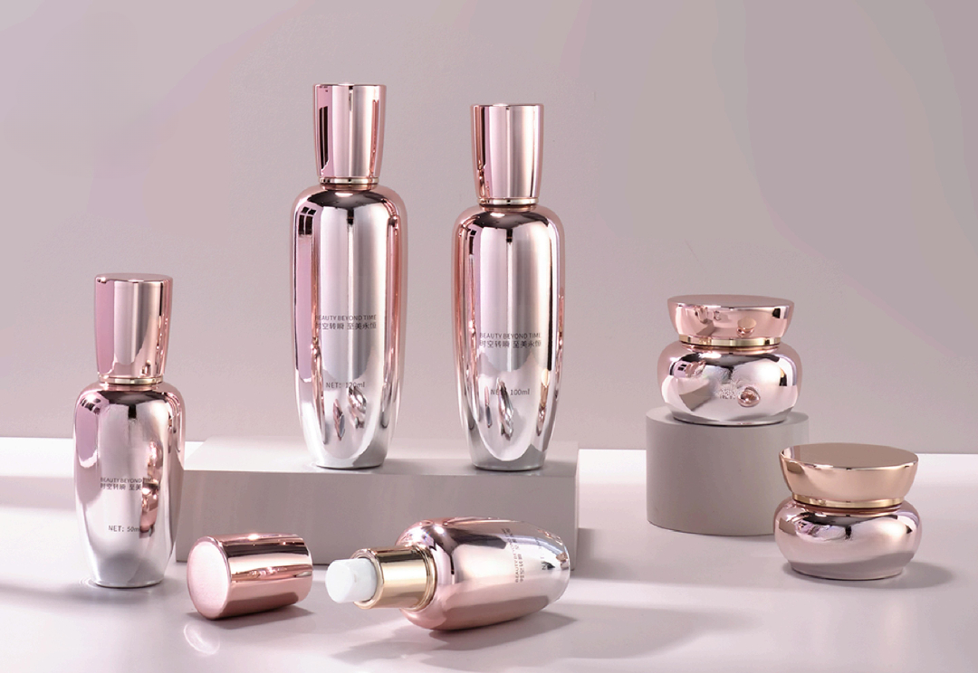 Luxury cosmetic packaging featuring heavyweight glass and metalized finishes