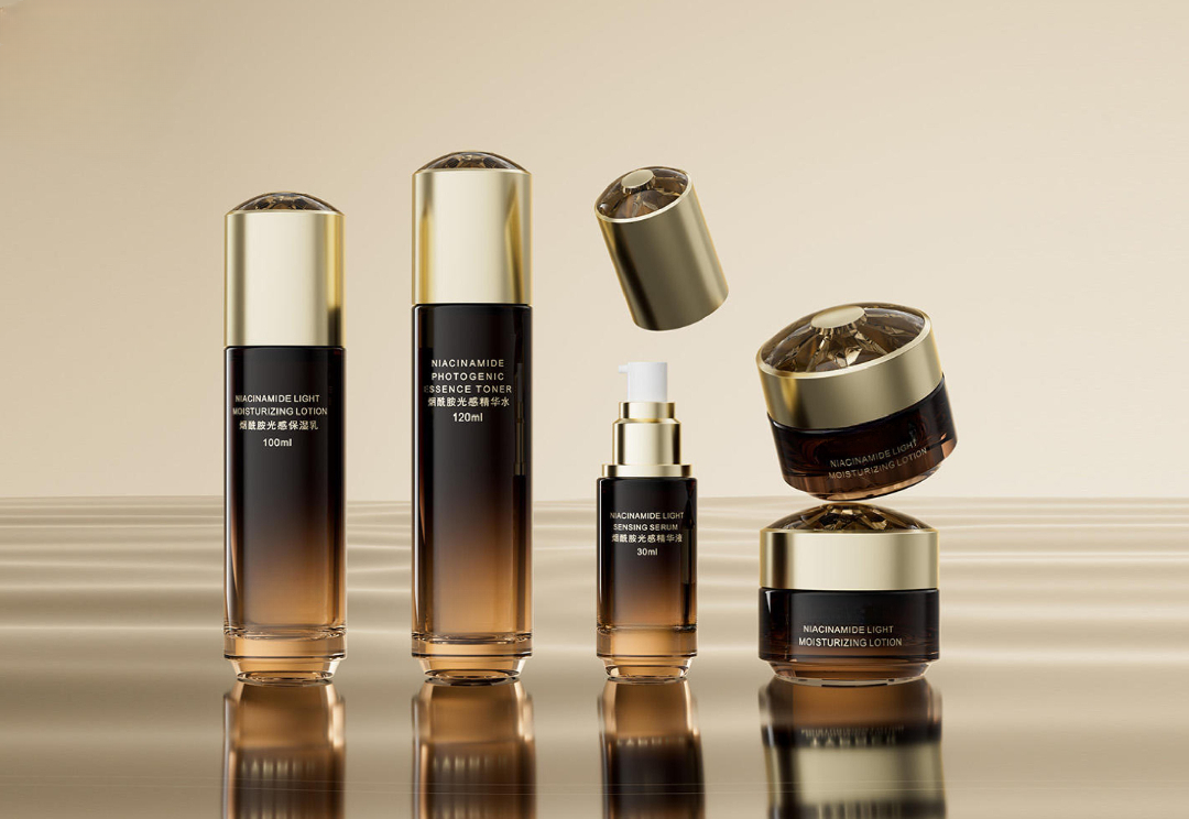 Sunronpack luxury cosmetic packaging sample kit featuring custom glass jars and premium finishes