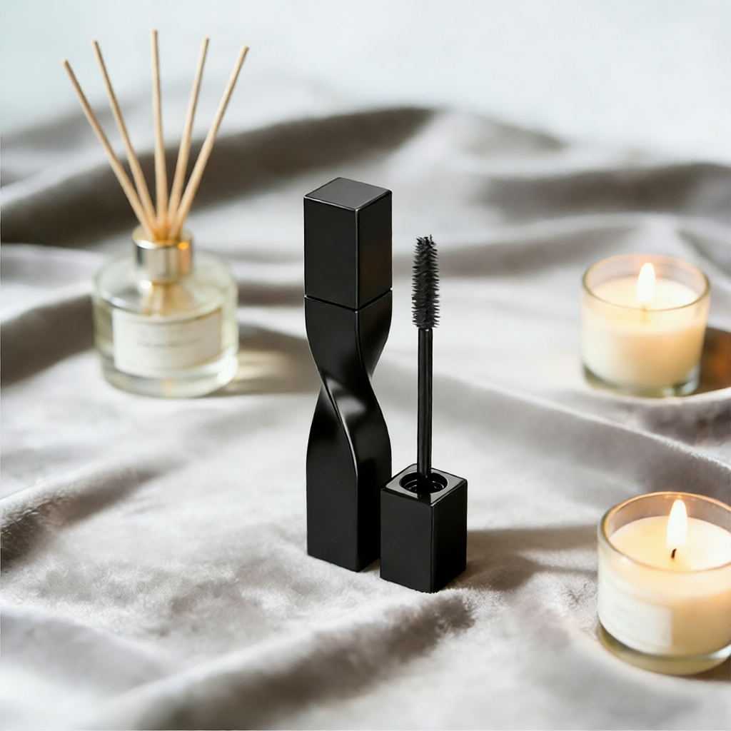 Custom mascara tube packaging, wand assembly, and bottle structure details
