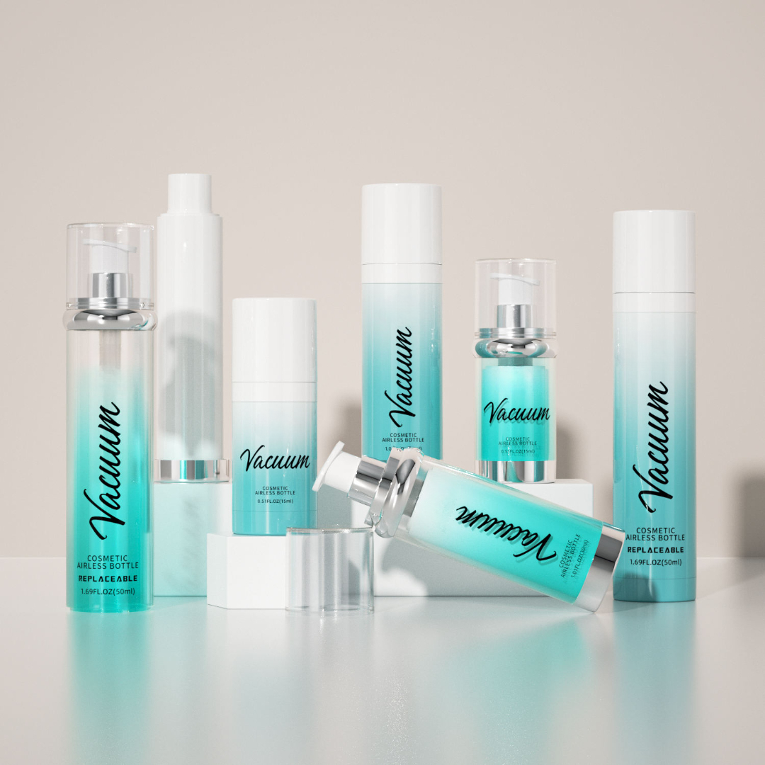 Custom airless bottle sizes ranging from 15ml to 150ml for skincare products