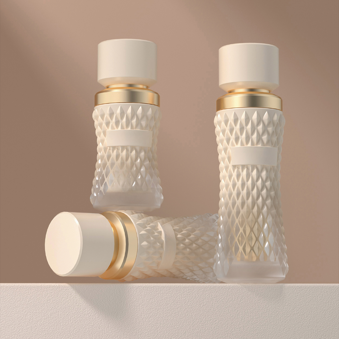 Array of flint glass serum packaging bottles with custom gradient spray coating